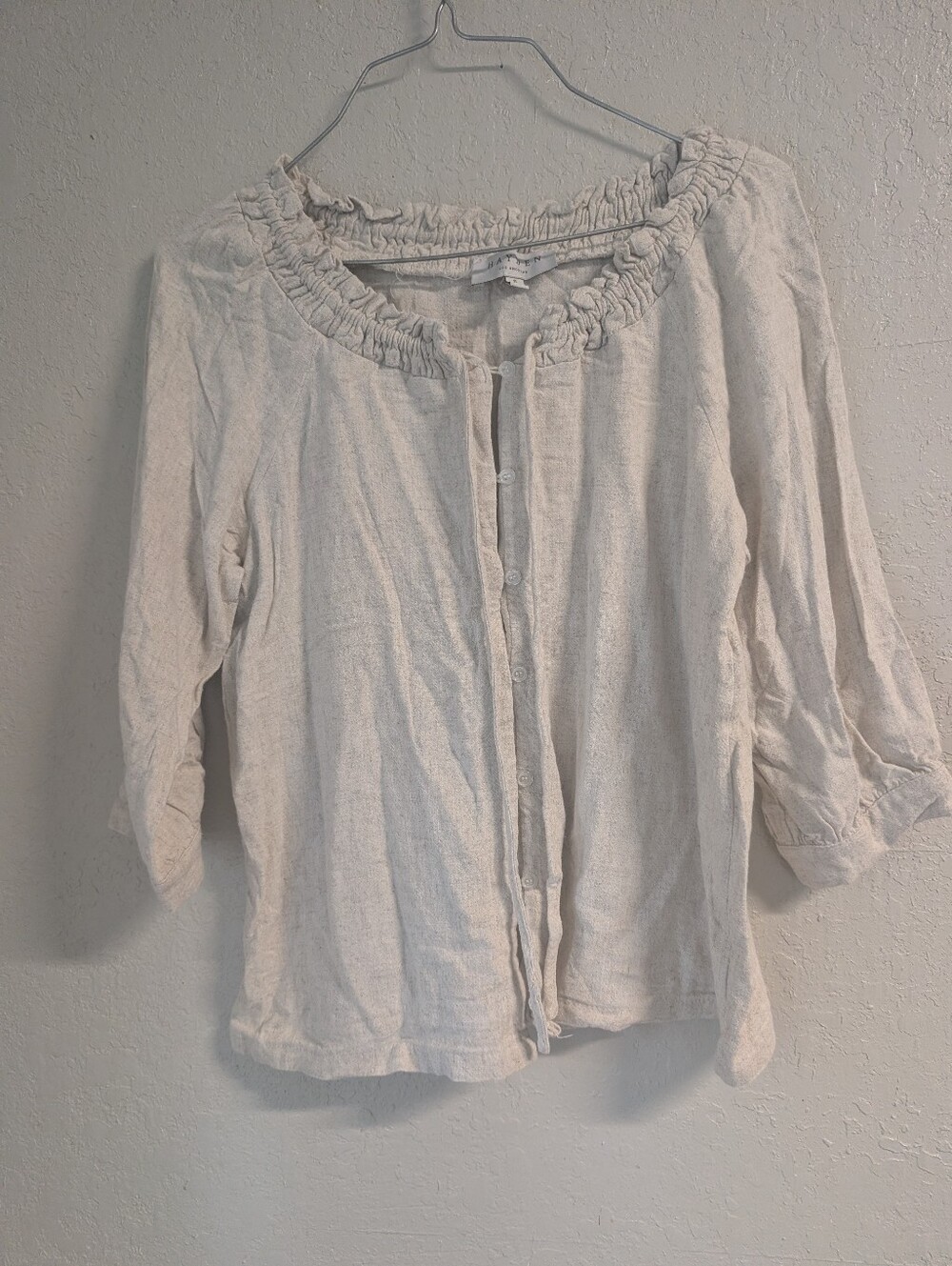 Hayden Los Angeles Linen Top S Cream Button Up Cuff Ruffle Fisherman Basic Boho
